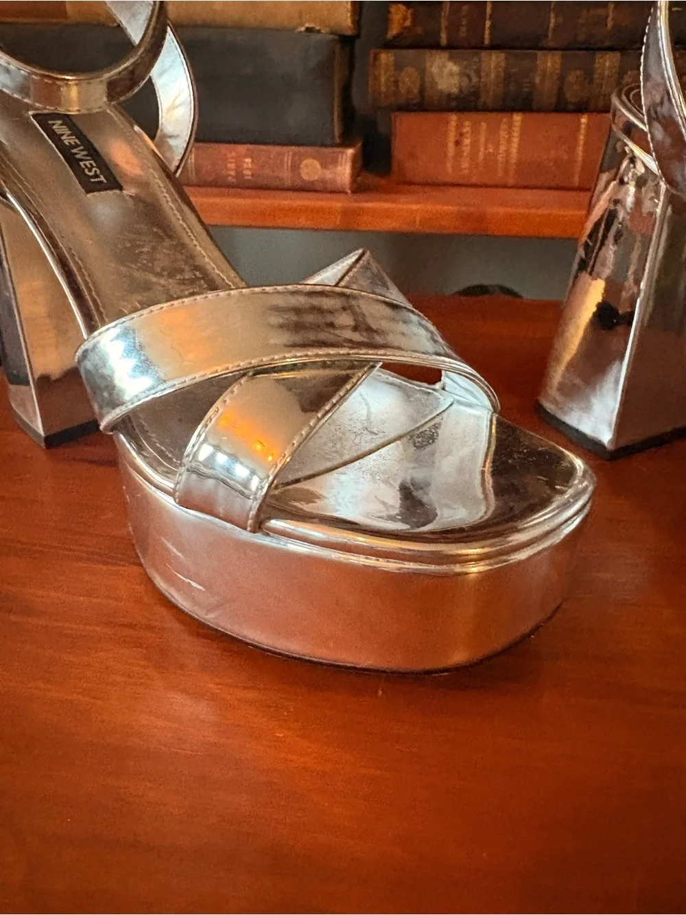 Nine West Metallic Silver Platform Block Heel Sandals